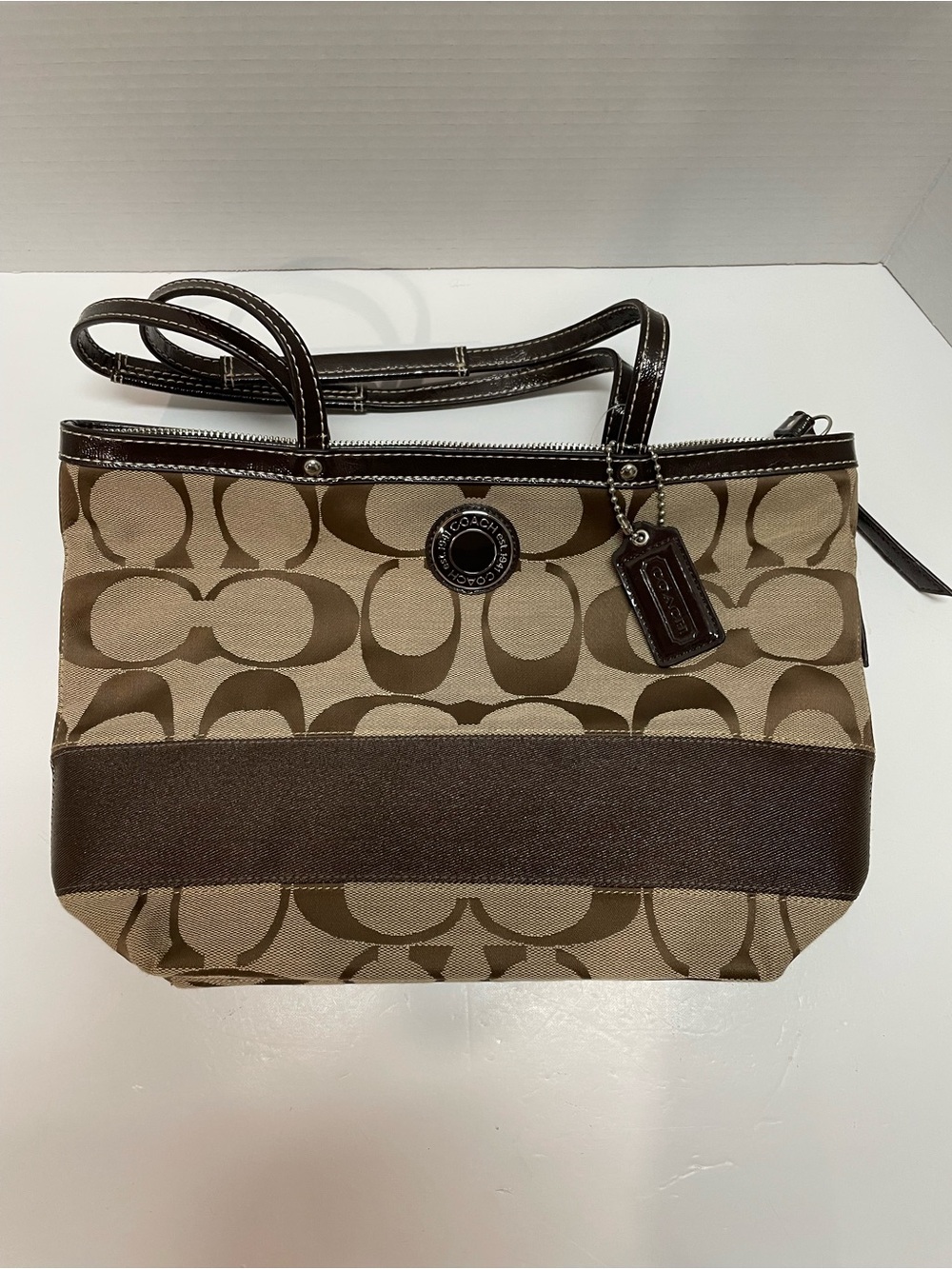 Vintage Coach Signature Jacquard Tote / Shoulder Bag - Khaki & Chocolate Brown